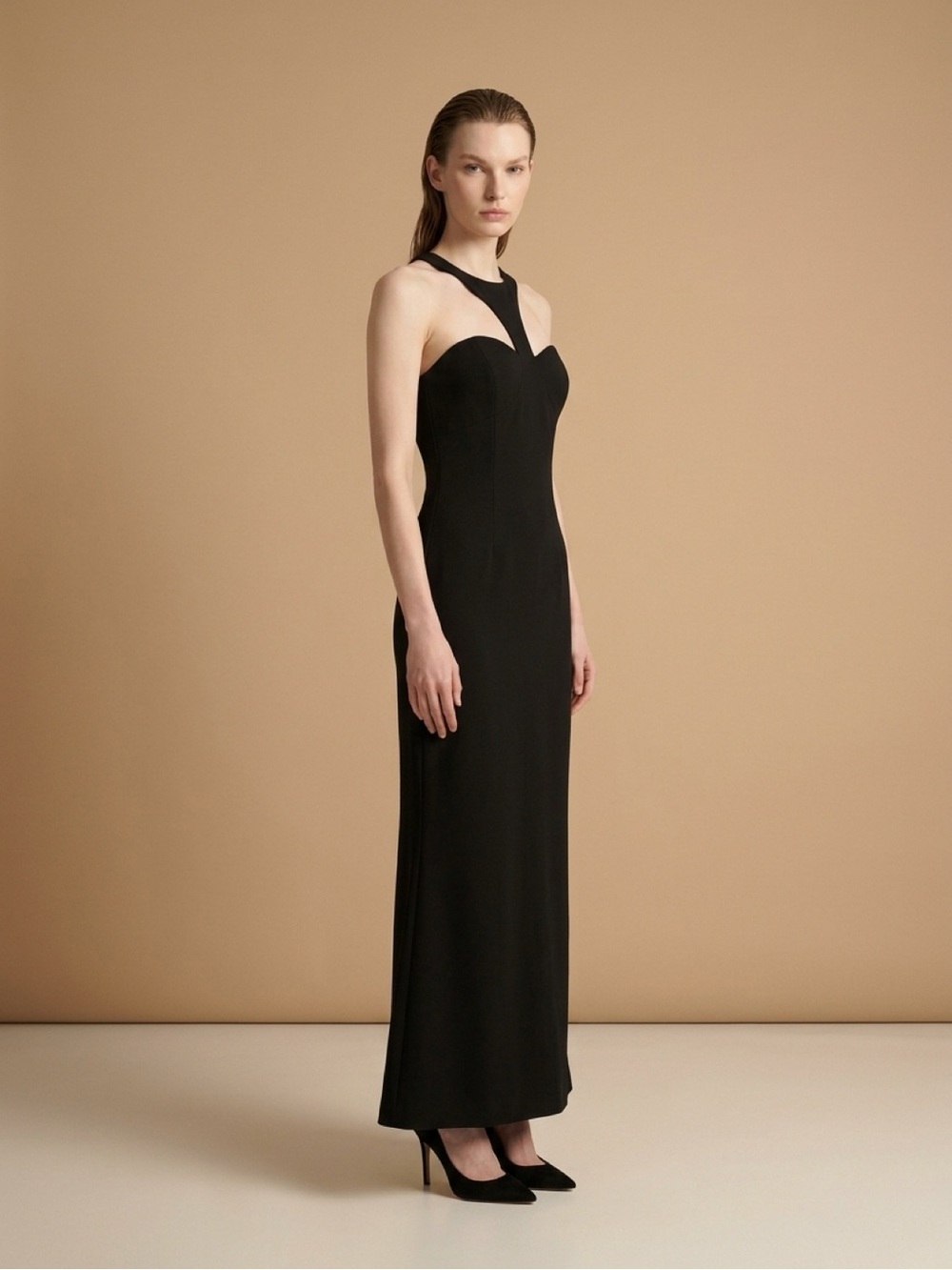 Windsor Black Asymmetrical Cutout Halter Gown cocktail dress